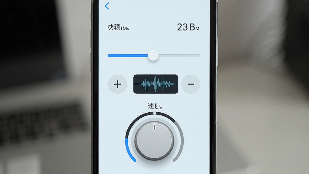 音频提取器免费软件调音器功能展示,主体为手机屏幕显示音量调节滑块和速度调节旋钮,布局为纵向排列上方音量条下方速度盘,排版整洁,风格为清新浅色界面,细节包括数值显示、加减按钮、波形预览,画质清晰,干净,无多余元素