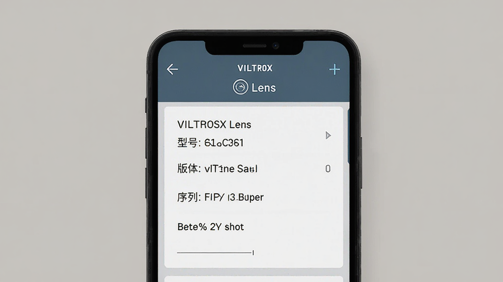 �ֻ���Ļ��ʾVILTROX LensӦ���еľ�ͷ��Ϣ��Ƭ�������ͺš��̼��汾�����кŵ��ֶΣ������Ǵ�ɫ���������ֻ����棬���־��У��Ű����룬����ƽ����ϸ�ڰ������������ɶ������ʸ��壬�ɾ����޶���Ԫ��