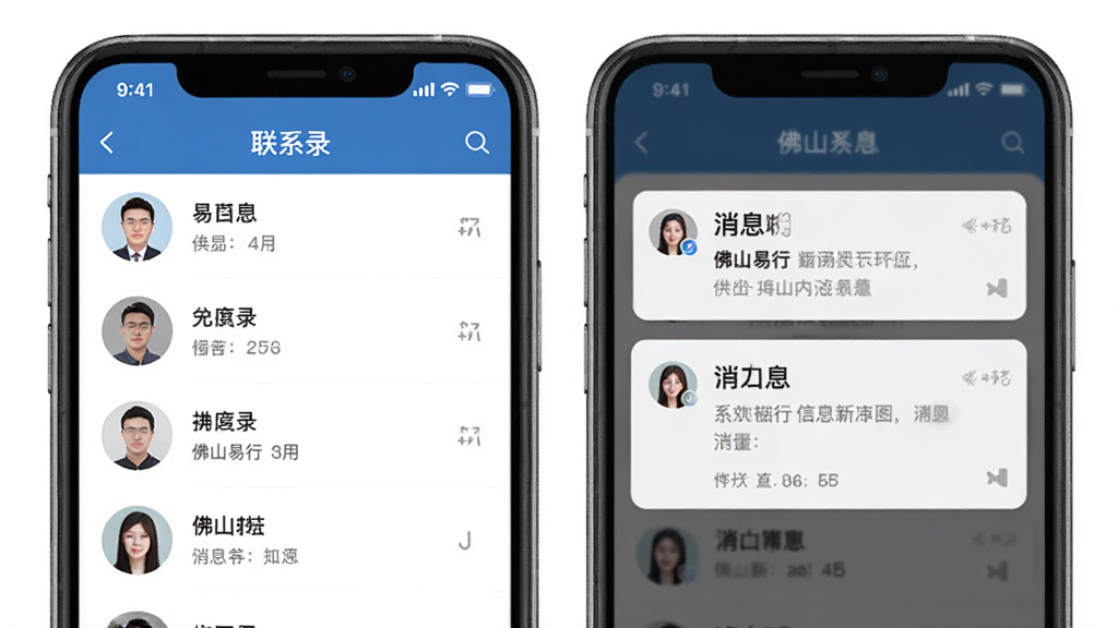 ��ɽ����Ӧ����ͨѶ¼����Ϣ���ͽ��棬�ֻ���Ļ��ʾ��ϵ���б�����Ϣ֪ͨ��Ƭ������Ϊ���½ṹ���Ű����룬���Ϊ�����Լ��ϸ�ڰ���ͷ��ͼ���������Ϣ�������������ɾ����޶���Ԫ��
