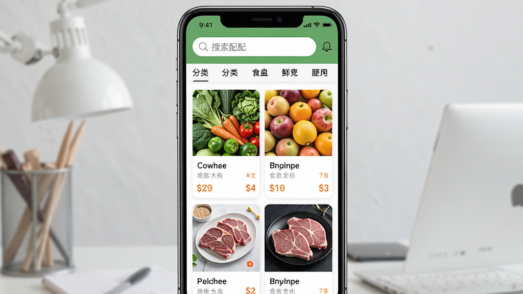 ��ʳ��APP����չʾ������Ϊ�ֻ���Ļ�г��ֵ���ʳ��Ӧ����ҳ������Ϊ�Ϸ�����������ർ�����в�Ϊ��Ʒ�ٲ�����Ƭ���Ű��������룬���Ϊ�ִ���Լ����磬ϸ�ڰ����߲ˡ�ˮ�����������Ʒ����ͼ��۸��ǩ�������������ɾ����޶���Ԫ��
