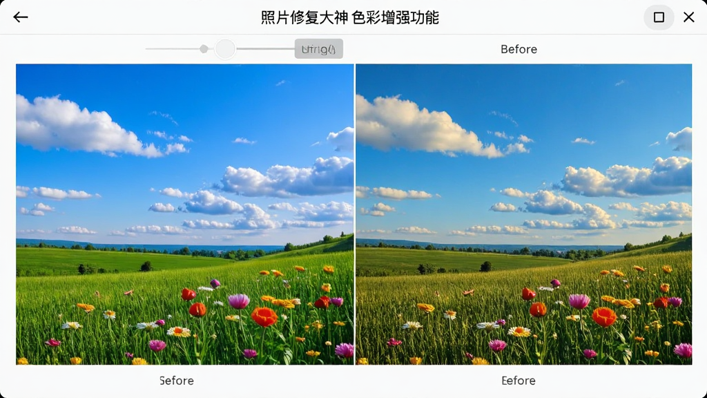 ��Ƭ�޸�����ɫ����ǿ���ܽ��棬չʾһ�ŷ羰��Ƭɫ����ǿǰ��Աȣ�����Ϊ���¶Ա��Ű棬�������������ϸ�ڰ�����ա��ݵء������ɫ�ʱ��Ͷ����������ʸ��壬�ɾ����޶���Ԫ��