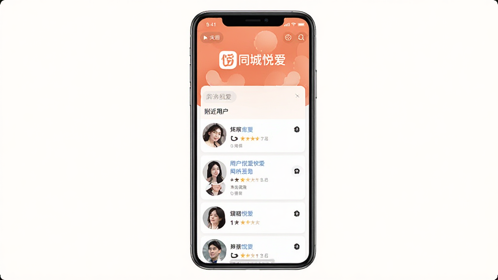 同城悦爱软件界面展示,主体为手机屏幕,布局居中,排版简洁,风格清新温暖,细节包含同城悦爱Logo与附近用户头像列表,画质清晰,干净,无多余元素