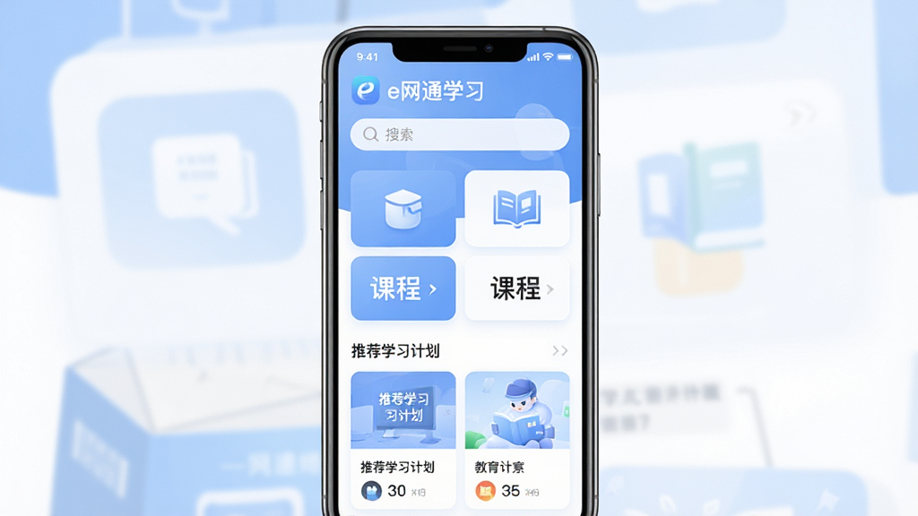 �ֻ���Ļչʾ��e��ͨѧϰ��APP��ҳ���棬����Ϊһ�����������ֻ������־��У��Ϸ�Ϊ�������ơ�e��ͨѧϰ�������������в�Ϊ�γ̷��࿨Ƭ���Ƽ�ѧϰ�ƻ����Ű������������Ϊ�ִ�������APP��ƣ�ϸ�ڰ��������ɫ��ɫ����Բ��ͼ�ꡢ�������֣����ʸ���ɾ��޶���Ԫ��