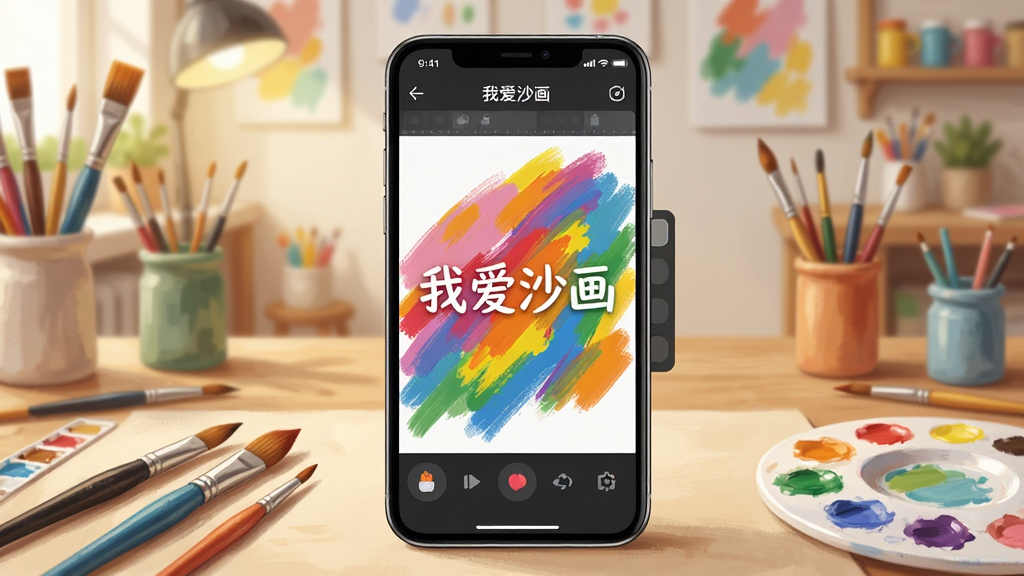 ����������һ�������ֻ�����Ļ����ʾ�š��Ұ�ɳ����Ӧ�õĴ��⻭����棬ɫ�ʰ�쵵ĳ������ڻ����У���Χɢ���Ż��ʺ͵�ɫ�̣���������ܰ�Ĺ����һ��������ֲ��þ��й�ͼ�����Ϊдʵ���ֲ廭��ϸ�ڷḻ�������������ɾ����޶���Ԫ��