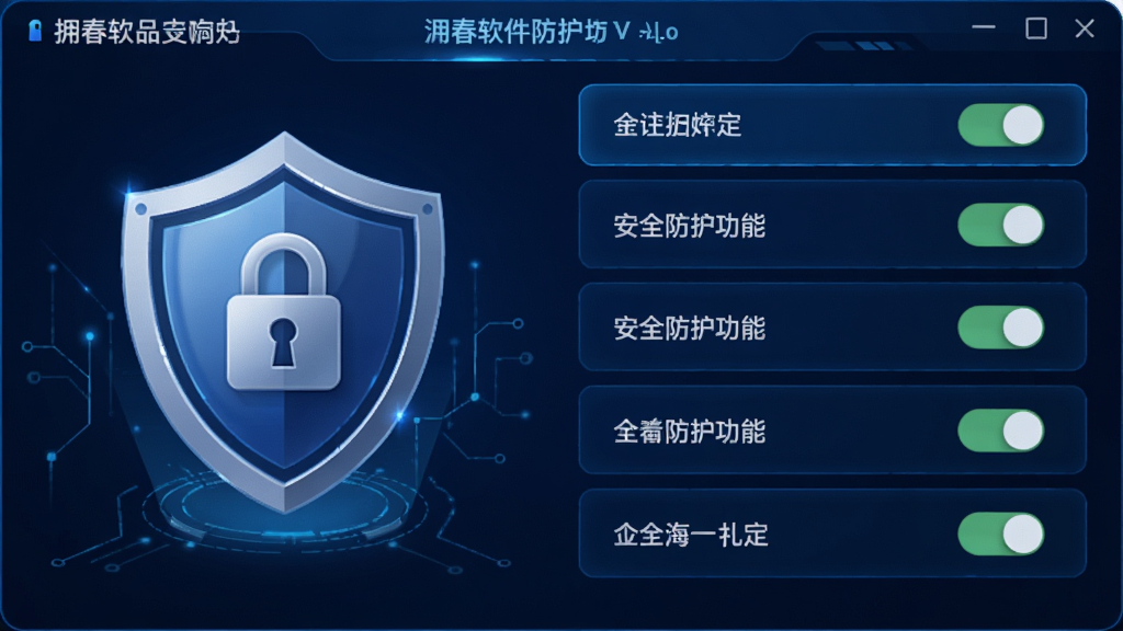 拥春软件安全防护功能界面,主体为盾牌图标与设置选项,布局为列表式排版,风格科技感蓝色调,细节包含加密锁与过滤开关,画质高清,干净无多余元素
