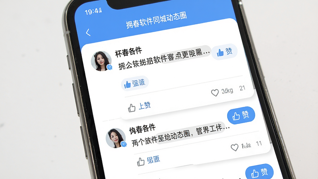 拥春软件同城动态圈界面截图,主体为手机屏幕展示动态列表,布局为上下滑动信息流,排版清晰,风格简约现代,细节包含用户头像、动态文字与点赞按钮,画质高清,干净无多余元素