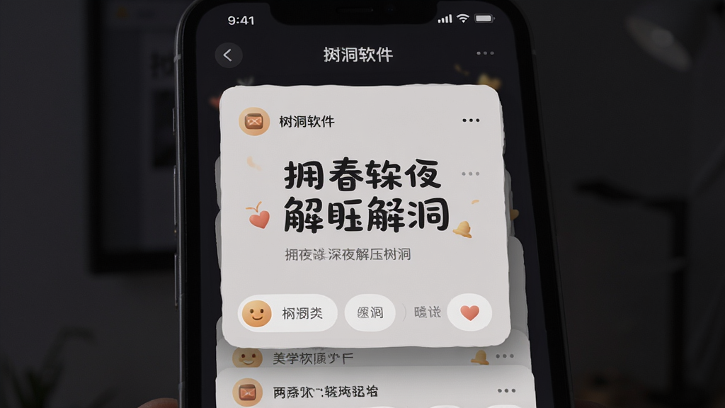 拥春软件深夜解压树洞界面,主体为手机屏幕显示树洞留言,布局为居中卡片式排版,风格柔和暗色系,细节包含大字体文字与温馨图标,画质高清,干净无多余元素