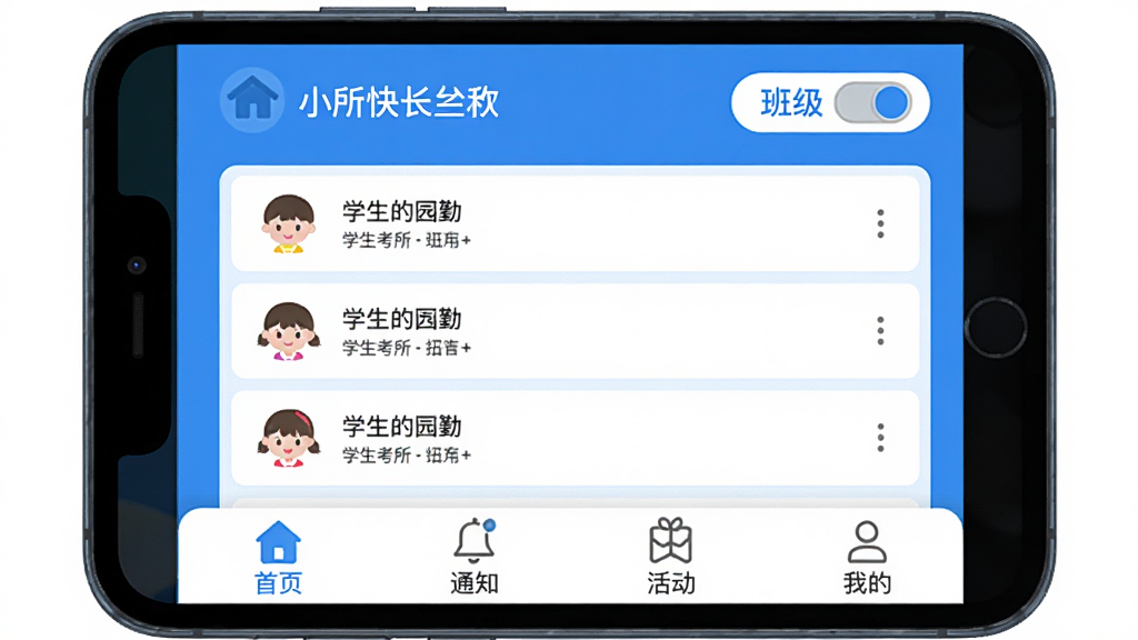 С���쳤App��ʦ�˰༶�������棬����Ļ����չʾѧ�������б����Ϸ�Ϊ԰�����ƺͰ༶�л���ť���ײ�������������ҳ��֪ͨ������ҵ��ĸ�ͼ�꣬�����������������ɫ����ƽ����Ʒ�񣬽���ɾ����࣬���������ɶ������ʸ��壬�޶���װ��Ԫ�ء�