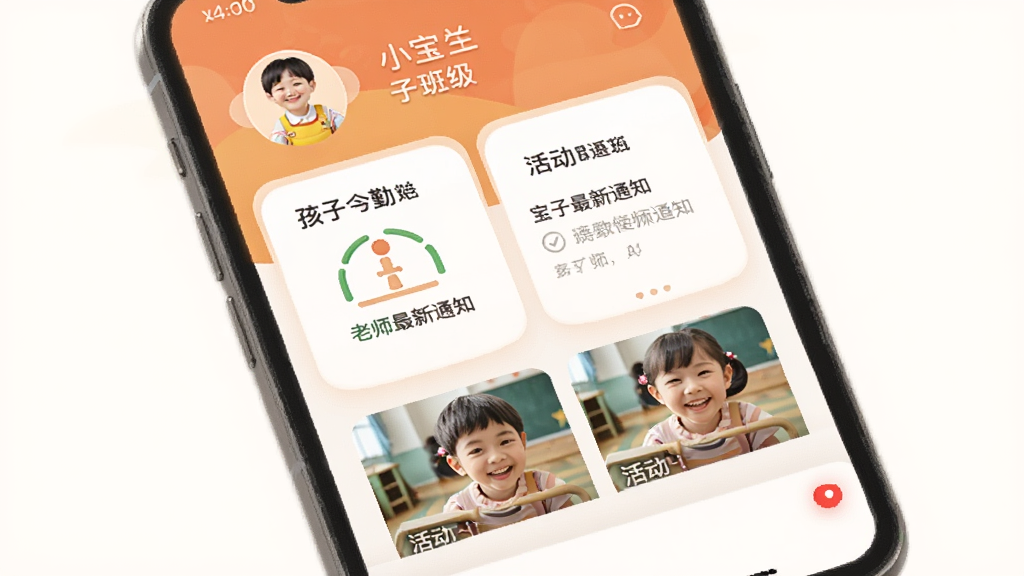С���쳤App�ҳ�����ҳ���ֻ���Ļ��չʾ���ӽ��տ���״̬����ʦ����֪ͨ�ͻ��Ƭ����ͼ��������ůɫ��Ϊ������Ƭʽ���֣�������ʾ����������༶���ײ�����Ϣ���Ѻ�㣬�����ܰ��࣬����������������Ԫ�ء�