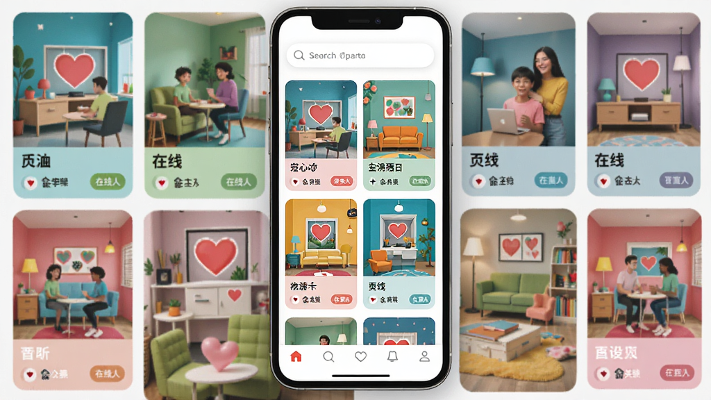 手机屏幕显示心心派对APP界面,主体是多个彩色主题房间卡片整齐排列在首页,布局为上下结构顶部搜索栏底部导航栏,排版简洁清晰,风格为现代扁平化设计,细节包含房间封面图、房间名称、在线人数标签,画质高清干净无多余元素