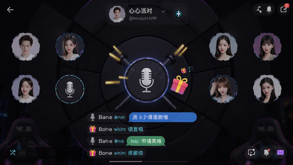 心心派对APP语音房间内部界面,主体是多个用户头像环绕排列在麦位区域,布局为上方房主信息下方公屏聊天区,排版整齐有序,风格为暗色系电竞风格,细节包含麦克风图标、礼物动画特效、聊天文字气泡,画质高清干净无多余元素