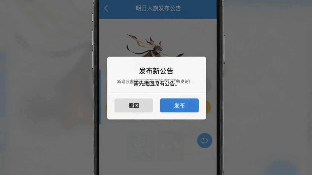 明日人族发布公告操作界面,主体为手机屏幕显示发布新公告弹窗提示需先撤回原有公告,布局采用居中弹窗设计,排版简洁直观,风格扁平化,细节包含撤回按钮和发布按钮,画质高清干净无多余元素