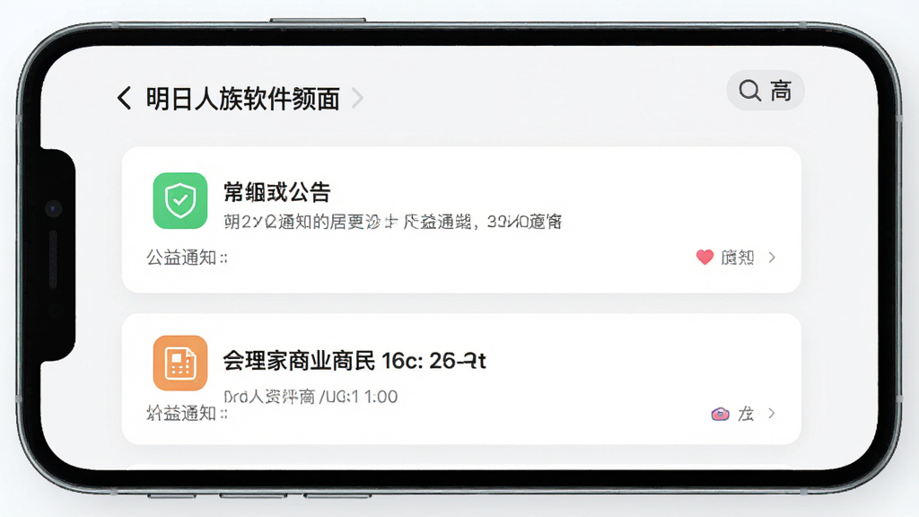 明日人族软件界面截图,主体为手机屏幕显示附近区域公告列表,布局采用上下结构顶部区域名称下方卡片式公告,排版简洁清晰,风格现代简约,细节包含公益通知居民商业四类标签图标,画质高清干净无多余元素