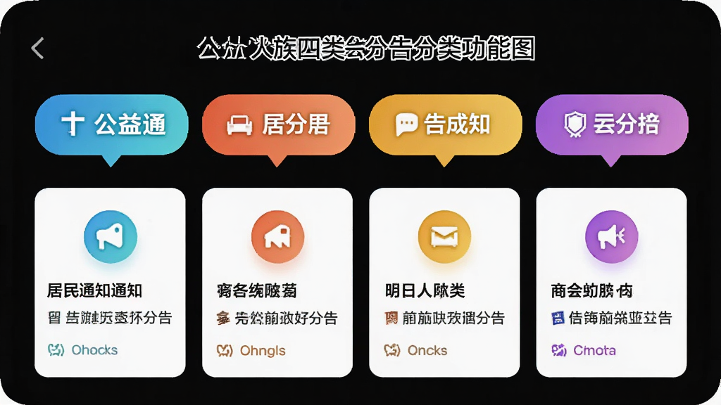 明日人族四类公告分类功能展示图,主体为手机界面中公益通知居民商业四个彩色标签并排展示,布局采用横向排列下方对应公告卡片,排版整齐有序,风格清新明快,细节包含各类公告图标与示例文字,画质清晰干净无多余元素