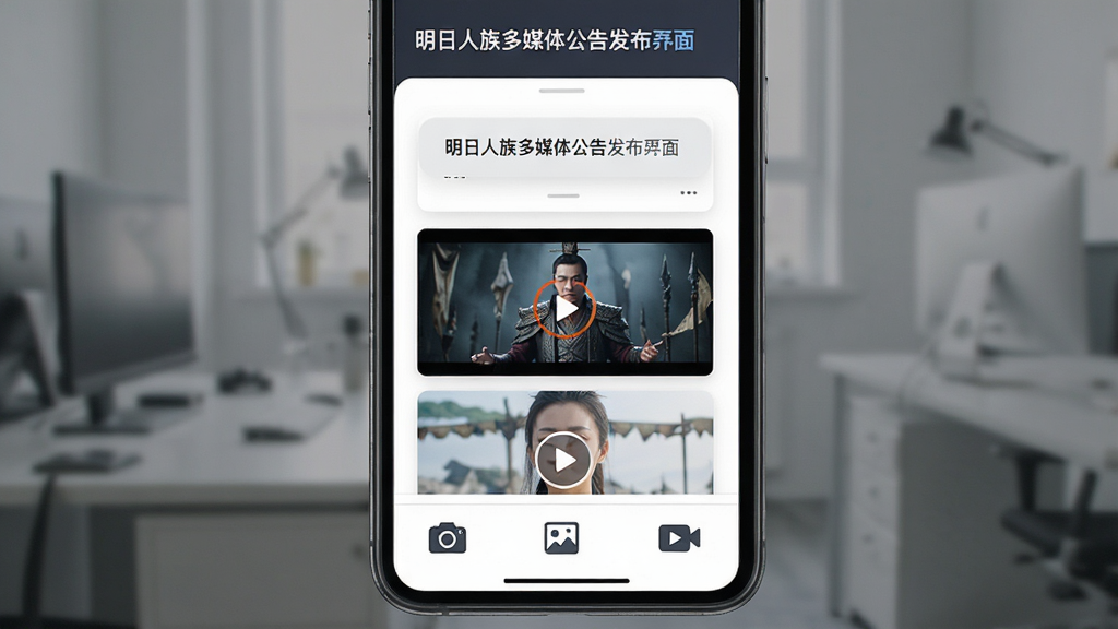 明日人族多媒体公告发布界面,主体为手机屏幕显示文字图片视频三种发布选项,布局采用底部工具栏排列,排版清晰,风格现代,细节包含相机图标相册图标视频图标,画质高清干净无多余元素