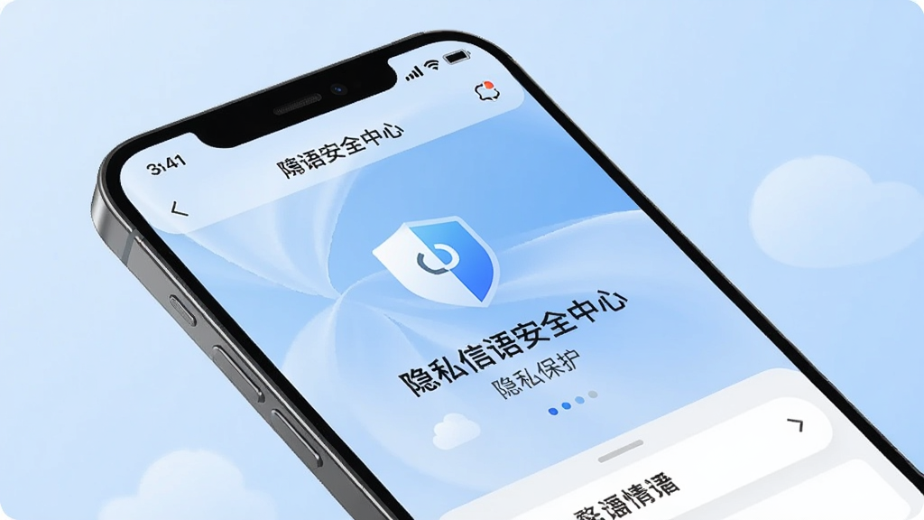 一部智能手机屏幕显示云间信语安全中心页面,有盾牌图标和隐私保护字样,背景是柔和的蓝色渐变,画面简洁现代,高清画质