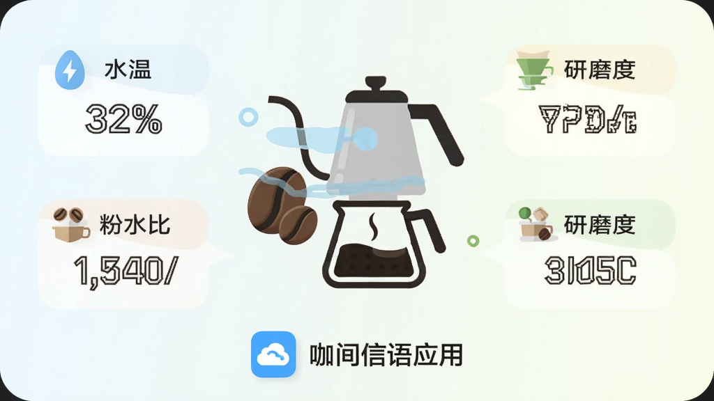 一张信息图风格的咖啡冲煮参数卡片,画面中央有咖啡豆和手冲壶图标,周围分布水温、粉水比、研磨度等数据标签,下方有云间信语应用名称,扁平化设计,清新浅色背景,高清干净