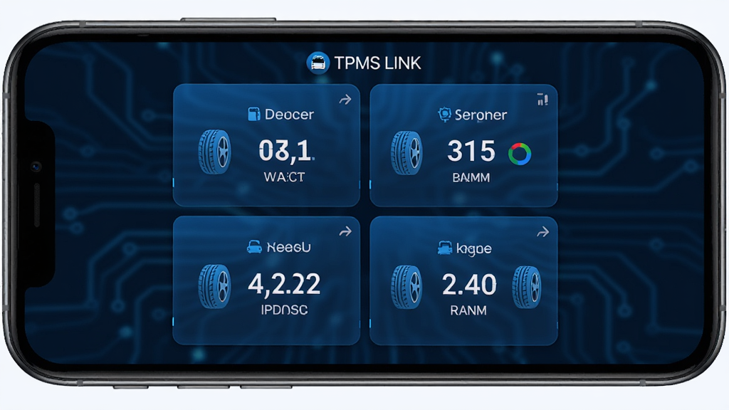 TPMS LINK ̥ѹ����ֻ�Ӧ�ý���չʾ������Ϊ�ֻ���Ļ��ʾ�ĸ���̥��̥ѹ��ֵ�����־��У��Ű��࣬���Ƽ��У�ϸ�ڰ�����ɫ����������̥ͼ�꣬�����������ɾ����޶���Ԫ��