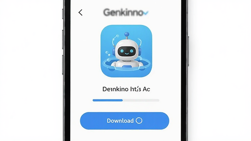 手机屏幕显示Genkinno应用下载页面,主体为手机和下载按钮,布局居中,排版简洁,风格现代科技感,细节有泳池机器人图标和进度条,画质清晰,干净,无多余元素