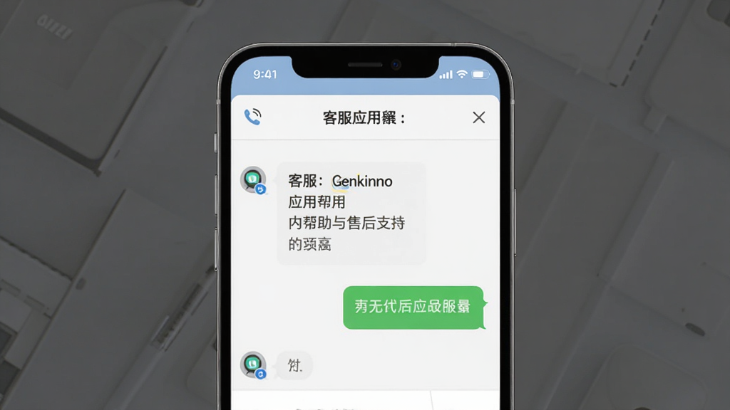 Genkinno应用内帮助与售后支持界面,主体为手机屏幕显示客服对话窗口,布局上下结构,排版清晰,风格简约商务,细节有电话图标和聊天气泡,画质清晰,干净,无多余元素