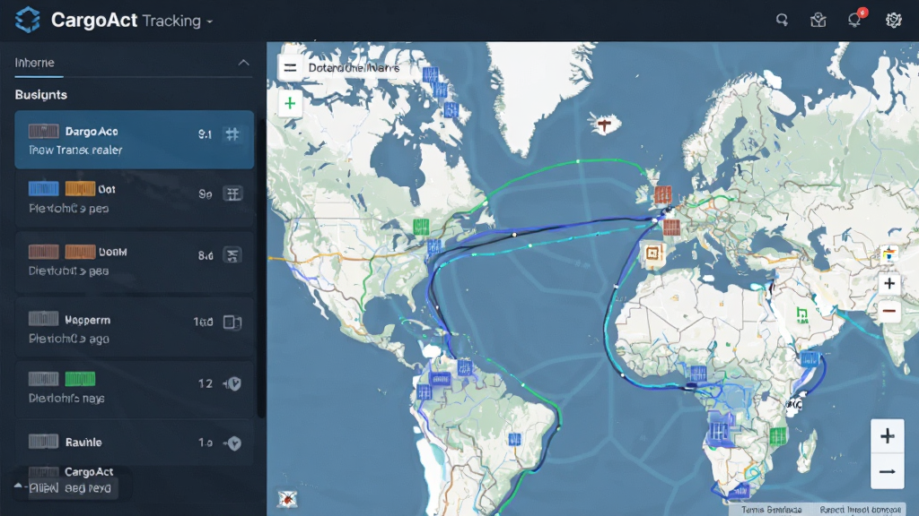软件界面截图,主体为CargoAct供应链跟踪平台地图视图,布局左侧为货物列表右侧为实时地图,排版清晰,风格为现代商务科技感,细节包含集装箱图标与航线轨迹,画质高清干净无多余元素