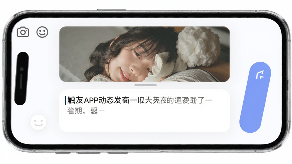 触友APP动态发布页面,主体为手机界面显示图片与文字编辑框,布局为上下结构,排版清晰,风格柔和圆角,细节包含相机图标、表情按钮、发布按钮,画质清晰,干净,无多余元素