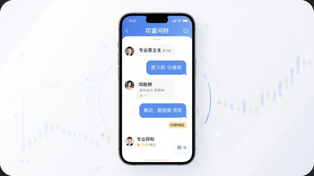 叩富问财App界面展示,主体为手机屏幕显示财商问答对话,布局为居中手机模型,排版简洁,风格现代科技感,细节包括问答气泡、专业答主头像、30秒响应标识,画质清晰,干净,无多余元素