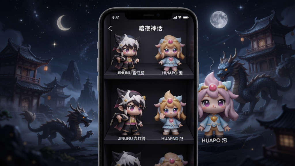 暗夜神话APP界面展示,手机屏幕中呈现暗夜大陆风格的盲盒货架,JINUNU吉努努和HUAPAO花泡角色盲盒整齐排列,背景是深邃的暗夜星空与东方神话建筑剪影,画面明亮清晰,风格为现代潮流插画,细节丰富,画质干净,无多余元素