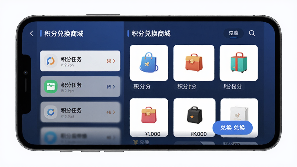 壹间好店APP界面展示,主体为手机屏幕显示积分兑换商城页面,布局为左右分栏,左侧积分任务列表右侧商品展示,排版简洁清晰,风格为现代扁平化科技风,细节包含商品图标、积分数字、兑换按钮,画质高清,干净,无多余元素