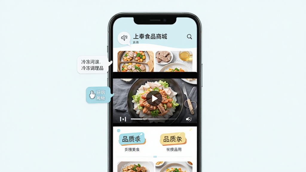 �Ϸ�ʳƷ�̳�Ʒ����ʳ��ѡ���棬����Ϊ�ֻ���Ļչʾ�䶳����Ʒ��ͼ����Ƶ�������򣬲���Ϊ���·������Ű����������Ϊ����ǳɫ��ϸ�ڰ��������ʴ�������Ʒ�ʱ�ǩ�����ʸɾ����޶���Ԫ��