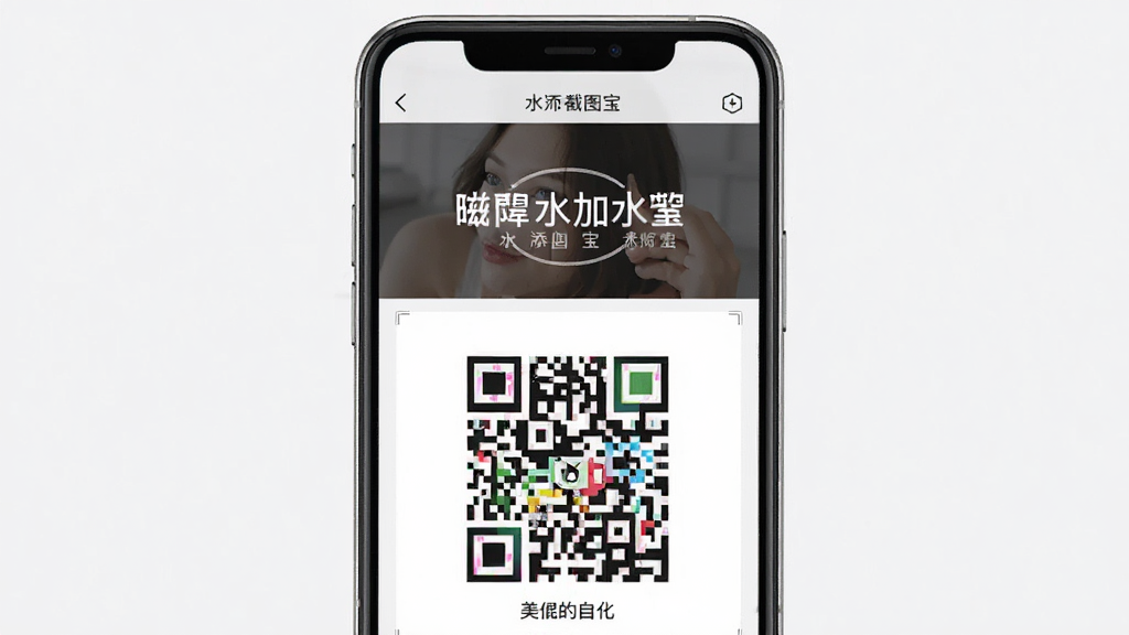 �ֻ���Ļչʾ΢�̽�ͼ��APP��ˮӡ���ӺͶ�ά���������棬����Ϊ�ֻ�����ͼ���������½ṹ���Ű��࣬����������£�ϸ��Ϊˮӡ���ֺͲ�ɫ��ά�룬���������ɾ��޶���Ԫ��
