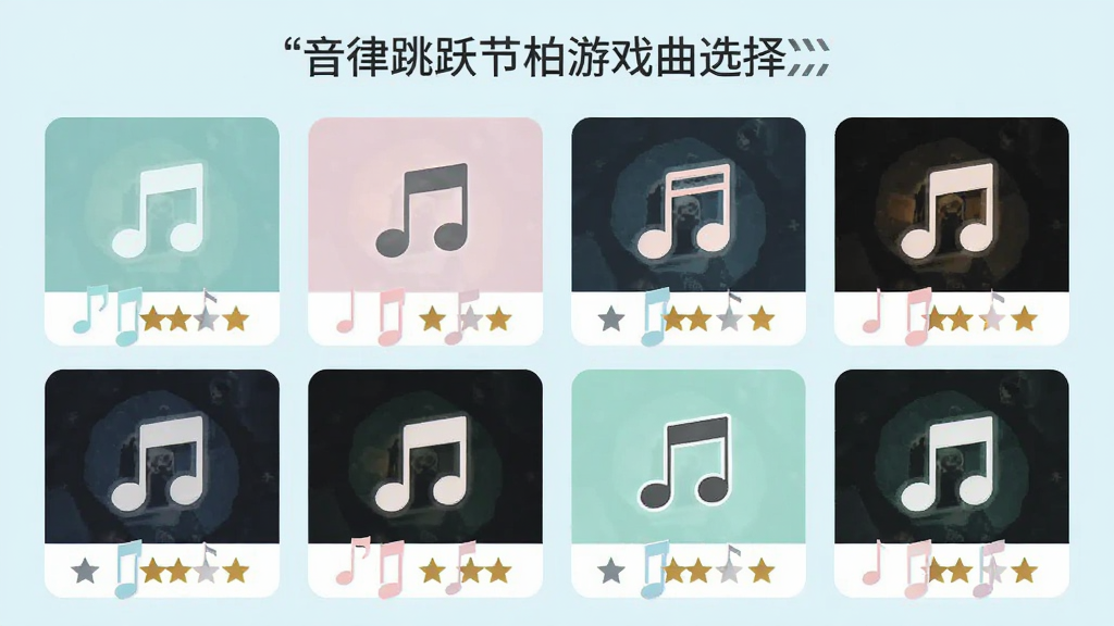 音律跳跃节拍游戏曲目选择界面,主体为多张曲目卡片排列,布局为网格状,排版为顶部标题与下方卡片列表,风格为清新浅色扁平化,细节为每张卡片带有音符图标与难度星级,画质干净无多余元素