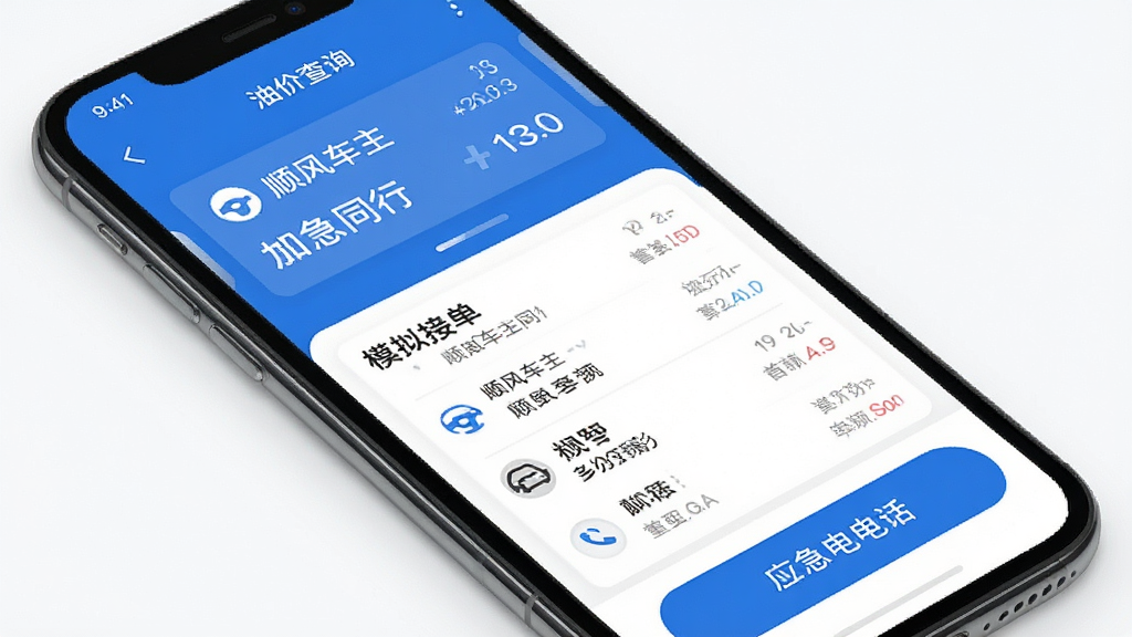 �ֻ���Ļչʾ˳�糵��ͬ��App���棬����Ϊ��ɫ����������ҳ�棬�����Ϸ�Ϊ�ͼ۲�ѯ��Ƭ���м�Ϊģ��ӵ��б����·�ΪӦ���绰��ť���Ű����������������ϸ�ڰ���ͼ�������֡�˳�糵��ͬ�С������ʸ��壬�ɾ��޶���Ԫ��