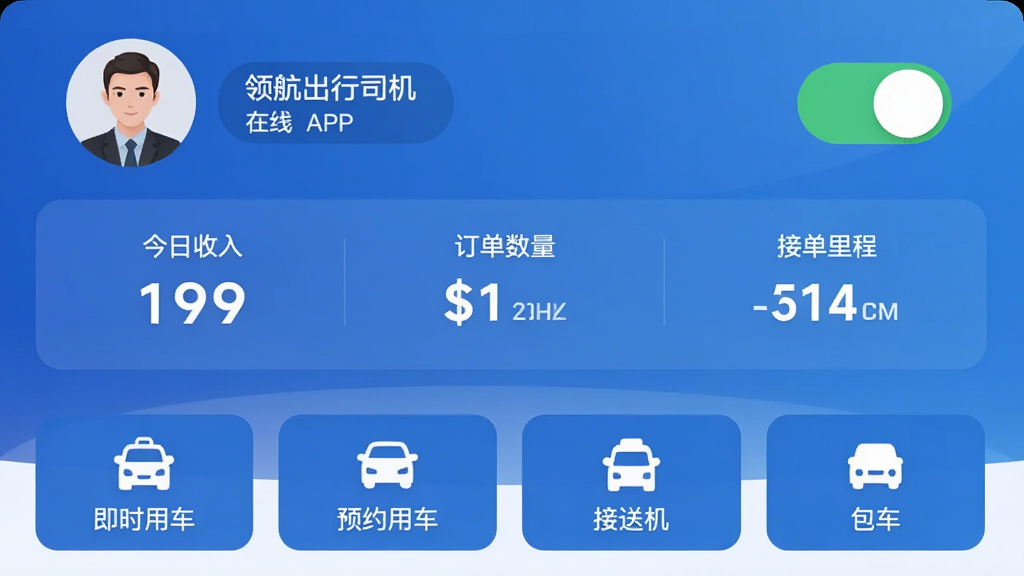 �캽����˾����APP�����棬��ɫ���䱳����������ʾ˾��ͷ�������߽ӵ����أ��в�չʾ�������롢�����������ӵ���̣��ײ����м�ʱ�ó���ԤԼ�ó������ͻ���������ҵ����ڰ�ť�����岼�����������������ϸ�ڰ���ͼ�������ֱ�ǩ�����ʸ��壬�ɾ����࣬�޶���Ԫ��