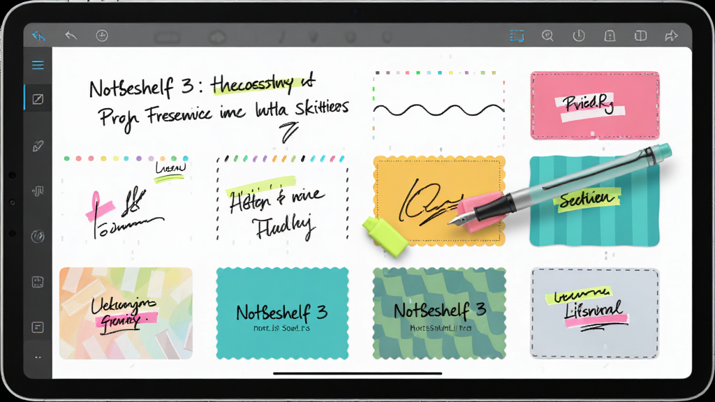 Noteshelf 3 ��������չʾ������Ϊƽ�������Ļ����Ļ����ʾ��д�ʼǺͶ��ģ�壬���־��У��Ű��࣬���Ϊ�ִ��Ƽ��У�ϸ�ڰ�������ĸֱʱʴ���ӫ��ʱ�ǣ������������ɾ����޶���Ԫ��