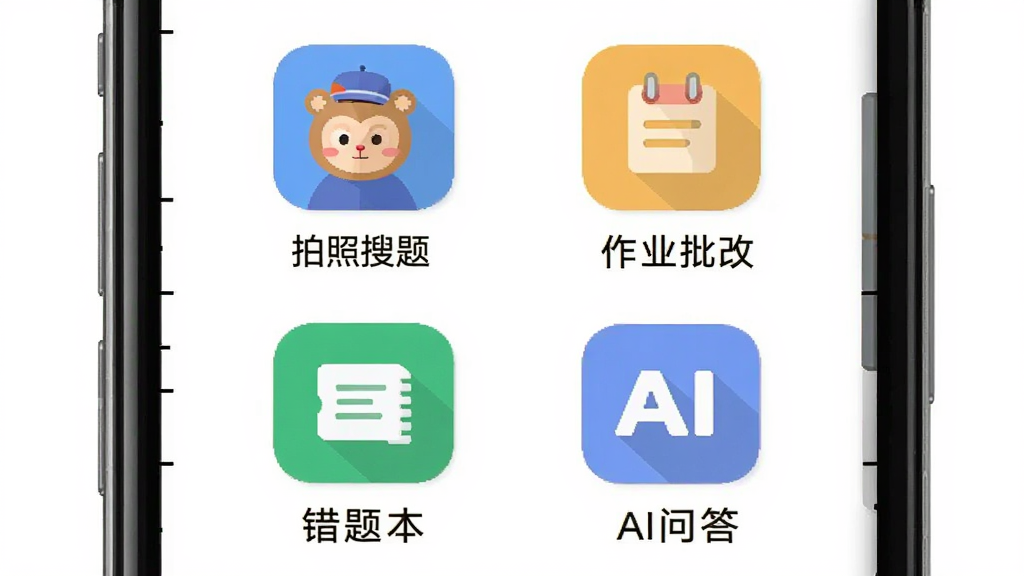 解题猿核心功能展示图,主体为手机屏幕中显示拍照搜题、作业批改、错题本、AI问答四个功能图标,布局为2x2网格排列,排版整齐,风格为扁平化教育风格,细节包括功能图标和文字标签,画质清晰,干净,无多余元素