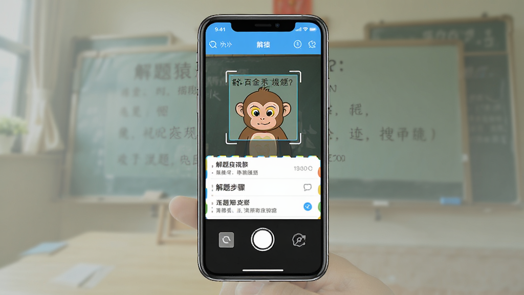 解题猿App界面展示,主体为手机屏幕中显示拍照搜题功能,布局为居中手机模型,排版简洁,风格为清新教育类App风格,细节包括题目识别框和解题步骤列表,画质清晰,干净,无多余元素