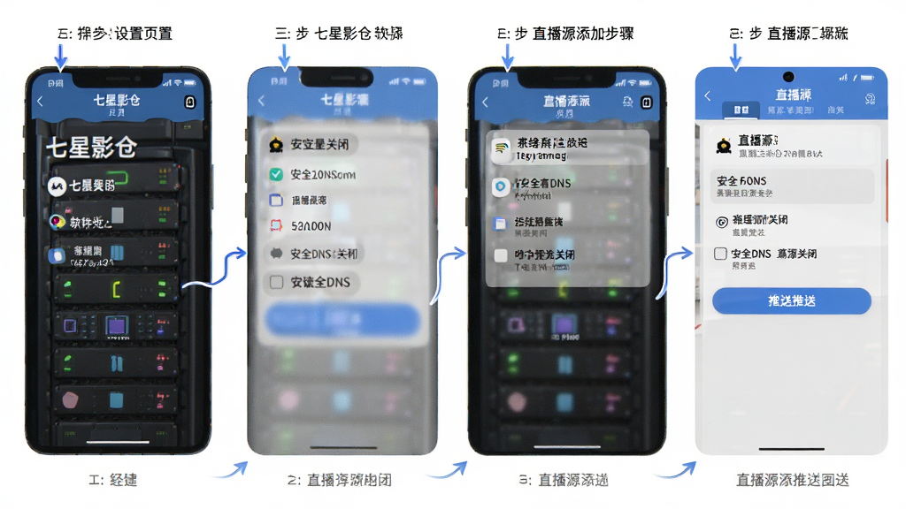 七星影仓 软件界面 展示设置页面和直播源添加步骤 主体为手机屏幕 布局为分步截图排列 排版清晰 风格教程指引 细节包含安全DNS关闭选项和直播源推送按钮 画质高清 干净 无多余元素