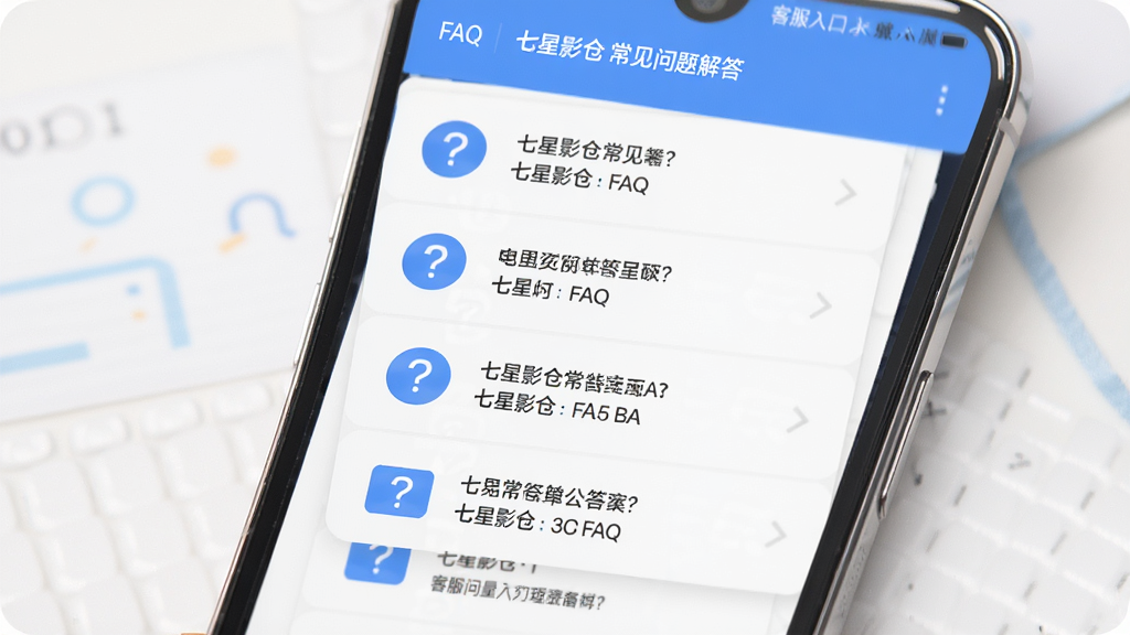 七星影仓 常见问题解答 手机屏幕展示FAQ列表和客服入口 主体为手机界面 布局为问答列表排列 排版清晰 风格简洁明快 细节包含问号和答案图标 画质高清 干净 无多余元素