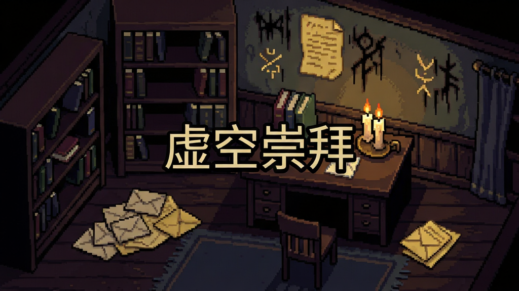 像素风格解谜界面,主体是庄园内书房场景,布局为俯视视角,排版包含书架、书桌、蜡烛和散落的信件,风格为复古像素恐怖解谜,细节包括昏暗的烛光、泛黄的信纸、墙上的神秘符号,画质清晰干净无多余元素,画面中央有“虚空崇拜”文字