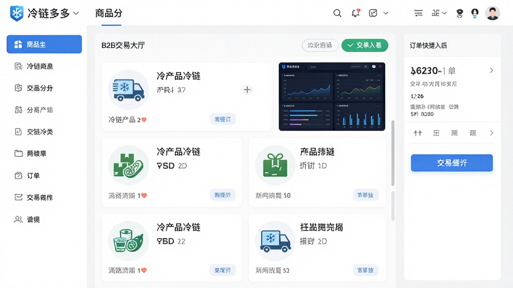 ���������������չʾ������ΪB2B���״���ҳ�棬���ַ�Ϊ�����Ʒ���ർ�����м�������Ʒ�б����Ҳඩ�������ڣ��Ű��������࣬���Ϊ�ִ�����Ƽ��У�ϸ�ڰ�������ʳƷͼ�ꡢ���ݿ��塢���װ�ť�����ʸ��壬�ɾ����޶���Ԫ��