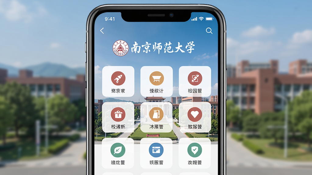 ����Ϊһ�������ֻ���Ļ��ʾ�Ͼ�ʦ����ѧAPP��ҳ���棬����Ϊ����չʾ�ֻ�����ͼ���Ű�Ϊ��Ļ��չʾУ԰����ͼ�����񣬷��Ϊ��Լ��ƽ��UI��ƣ�ϸ��Ϊ��Ļ�д��С��Ͼ�ʦ����ѧ��������У԰�羰���������������ɾ��޶���Ԫ��