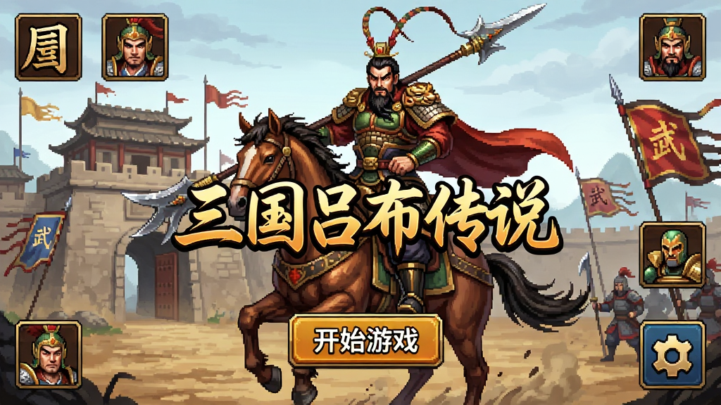 ����������˵��Ϸ�����棬����Ϊ����������ꪵ�Ӣ�����󣬲�������Ϊ��Ϸ���⡰����������˵������ʼ��Ϸ��ť�����ֲܷ����顢�佫�����õȹ���ͼ�꣬�Ű�����������Ϊ����������дʵ��ϣ�ϸ�ڰ������ιر�����ս��Ʈ�����佫ͷ���׺�����ʸ���ɾ��޶���Ԫ��