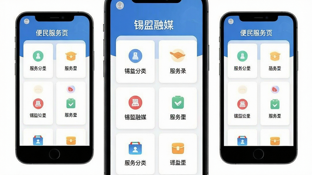 锡盟融媒 便民服务页面 手机屏幕 布局 卡片式 排版 风格 清新 细节 图标 服务分类 画质 干净 无多余元素