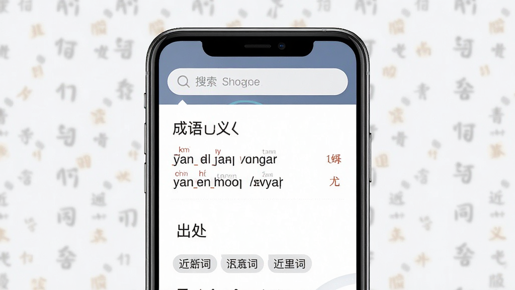 成语故事软件界面展示,主体为手机屏幕中显示成语详情页,布局为上下结构,上方搜索框下方成语释义与出处,排版整齐清晰,风格简约大气,细节包含拼音标注与近义词标签,画质高清干净无多余元素