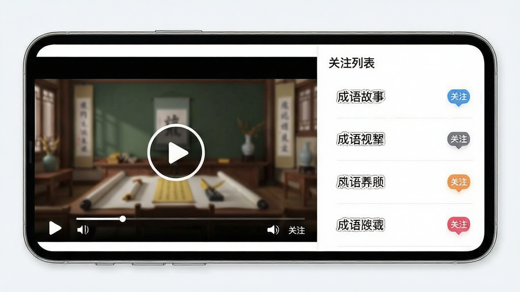 成语故事APP功能展示图,主体为手机界面中成语故事视频播放页面与关注列表,布局为左右分栏,左侧视频播放窗口右侧成语列表,排版清晰,风格现代简约,细节包含播放按钮与关注图标,画质高清干净无多余元素