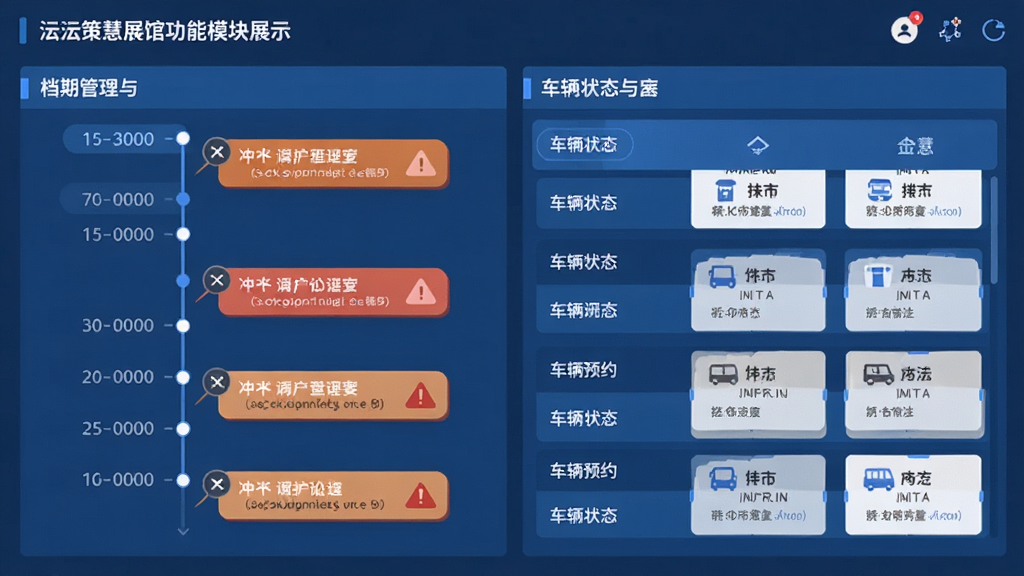 �߻�չ�ݹ���ģ��չʾ������Ϊ���ڹ����복�����Ƚ��棬����Ϊ���ʱ���ᡢ�Ҳ೵��״̬�б����Ű��������������Ϊ��ƽ����ɫϵ��ϸ�ڰ�����ͻ��ʾͼ������̨ԤԼ��Ƭ�����ʸ��壬�ɾ����޶���Ԫ��