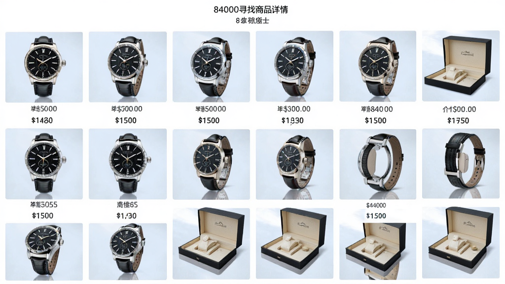 84000寻找商品详情页,主体为奢侈品手表多角度实拍图,布局为网格排列,排版上方为商品名称下方为价格和细节图,风格为清新浅色,细节展示表盘、表带和包装盒,画质高清干净无多余元素