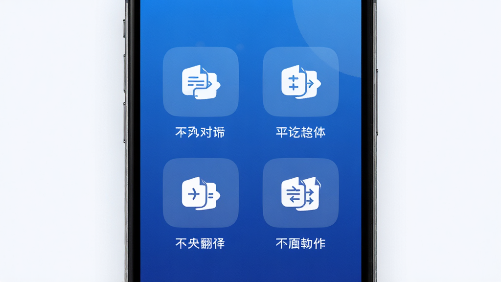 AI对话翻译通软件界面展示,主体为手机屏幕中央显示四种翻译模式图标,布局为上下排列,排版简洁,风格为现代科技感,细节包括蓝色渐变背景和白色文字标签,画质高清,干净,无多余元素