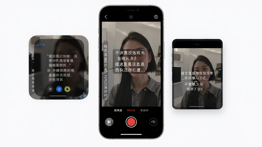 讲笔App界面展示,主体为手机屏幕中显示提词器与摄像头同屏画面,布局为居中大屏手机模型,排版清晰展示全屏提词和悬浮窗两种模式,风格为现代科技感UI设计,细节包括滚动字幕和录制按钮,画质高清,干净,无多余元素